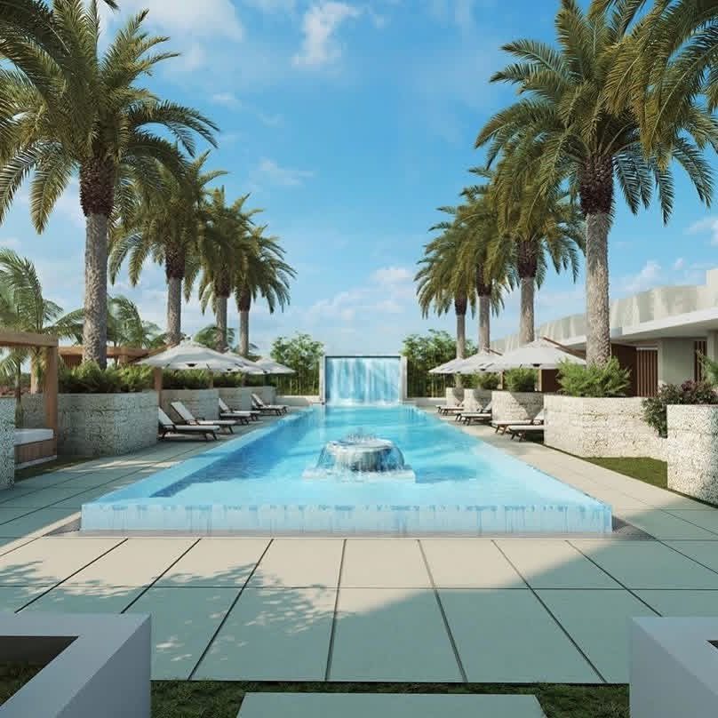 Rendering of a resort style pool with palms at a new Miami development