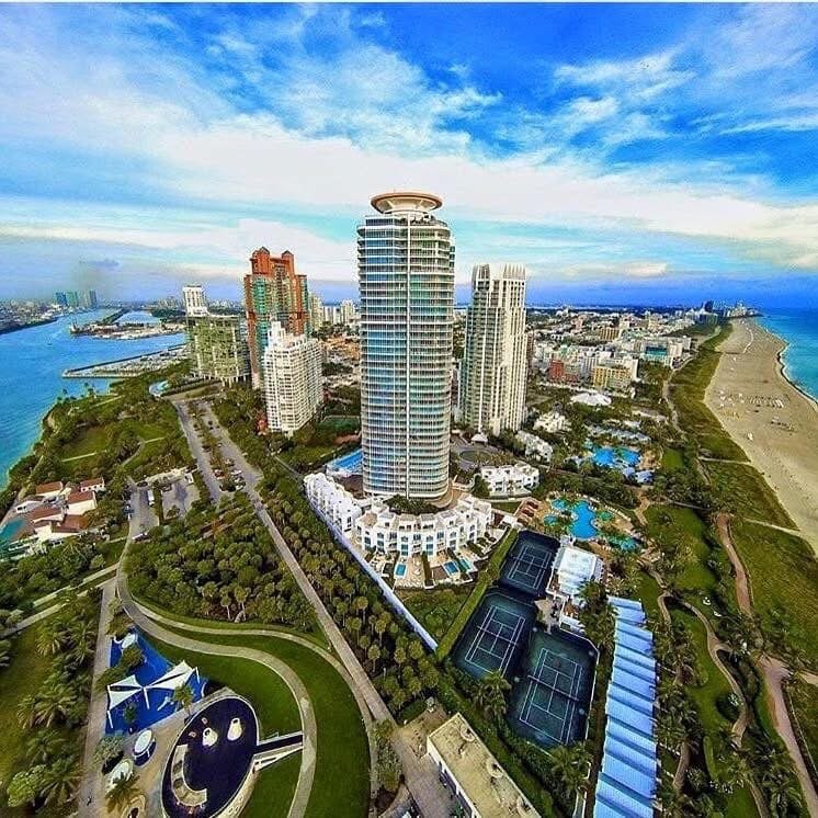 Aerial view of South Pointe Park and the Continuum towers in Miami Beach
